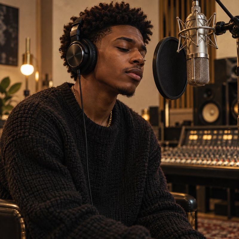 A young man wearing headphones sits with his eyes closed in front of a microphone in a recording studio.