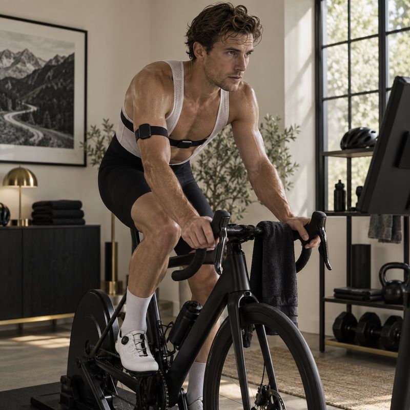 A man rides an indoor bike trainer at home, focused on the screen in front of him.